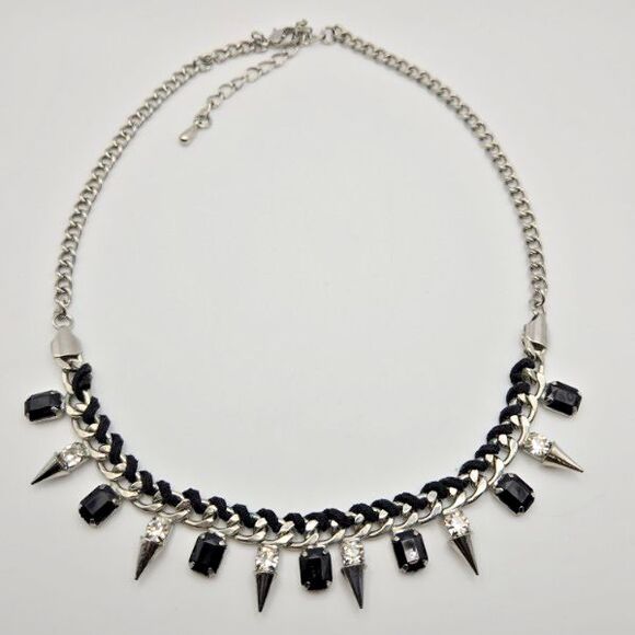 Silvertone Chain with Spikes Clear and Black Rhinestones Leather Accent Necklace - Picture 6 of 6
